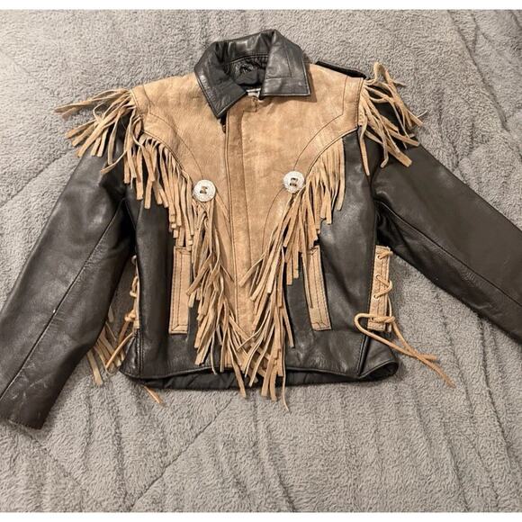 Kids Vintage Shaf Leather Jacket Biker Black Western Fringe Moto Riding Med 7/8 - Picture 5 of 6